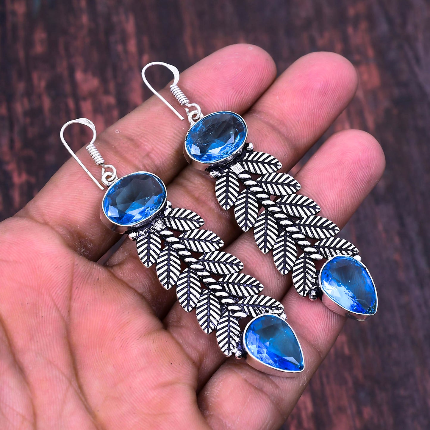 Azure Leaf – Blue Topaz Silver Earrings