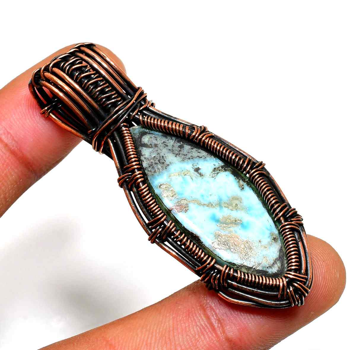 Ocean’s Whisper – Larimar Copper Wave Pendant