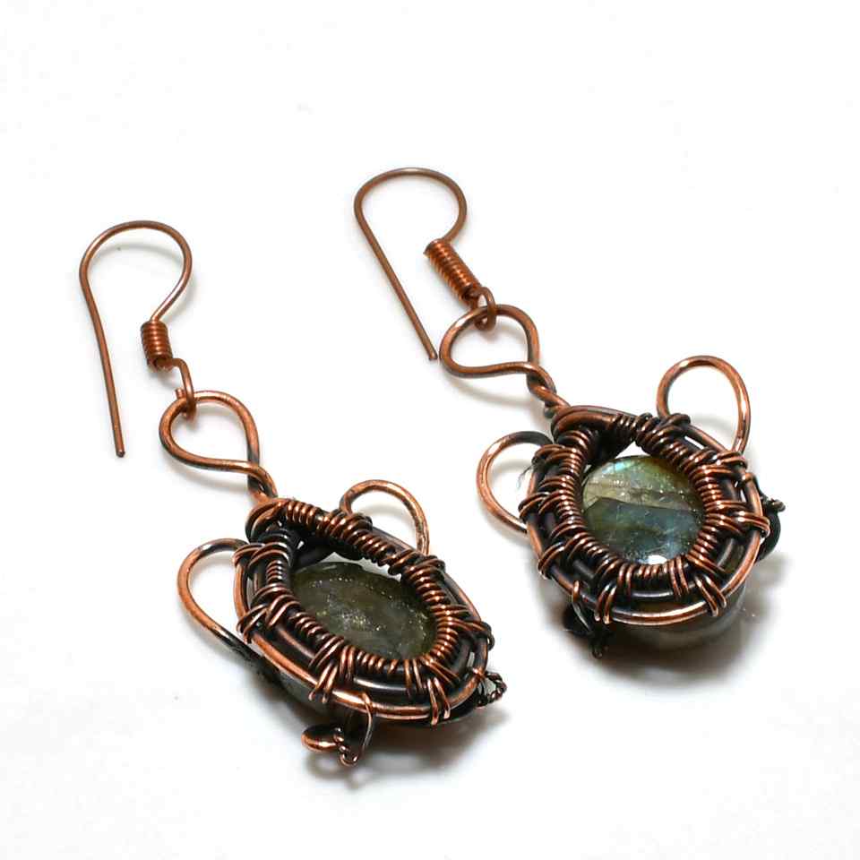 Aurora’s Halo – Oxidized Copper Labradorite Earrings