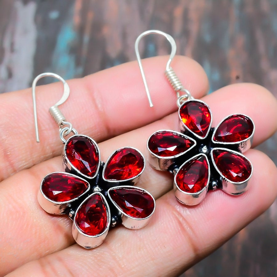 Crimson Blossom – Silver-Plated Floral Earrings