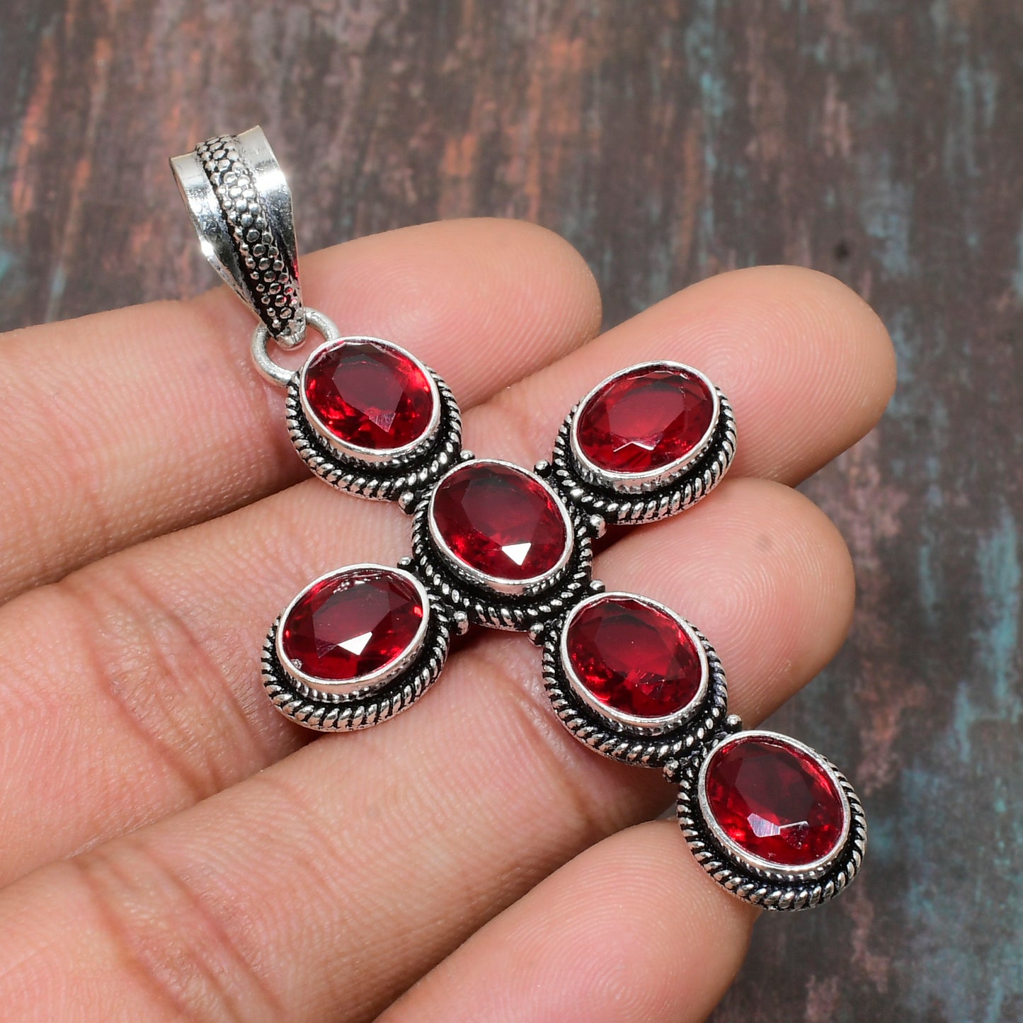 Crimson Cross – Ruby Cluster Sterling Silver Pendant
