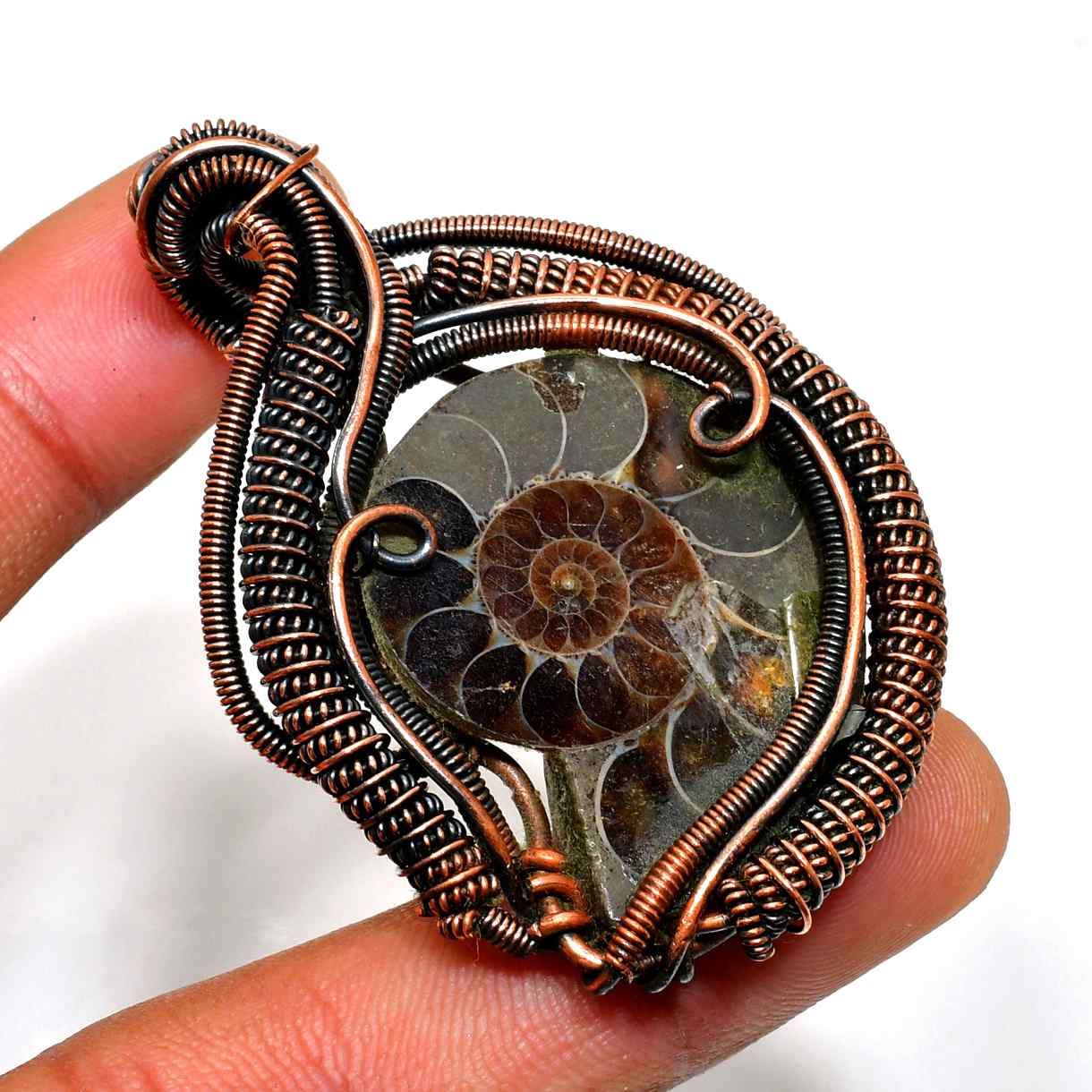 Ammonite Dream – Oxidized Copper Fossil Pendant