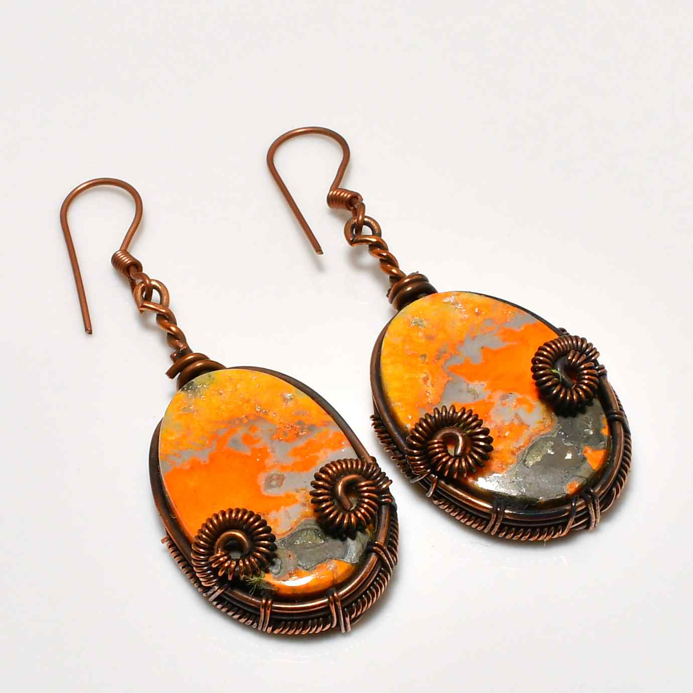 Ember Harmony – Copper-Wrapped Orange & Gray Stone Earrings
