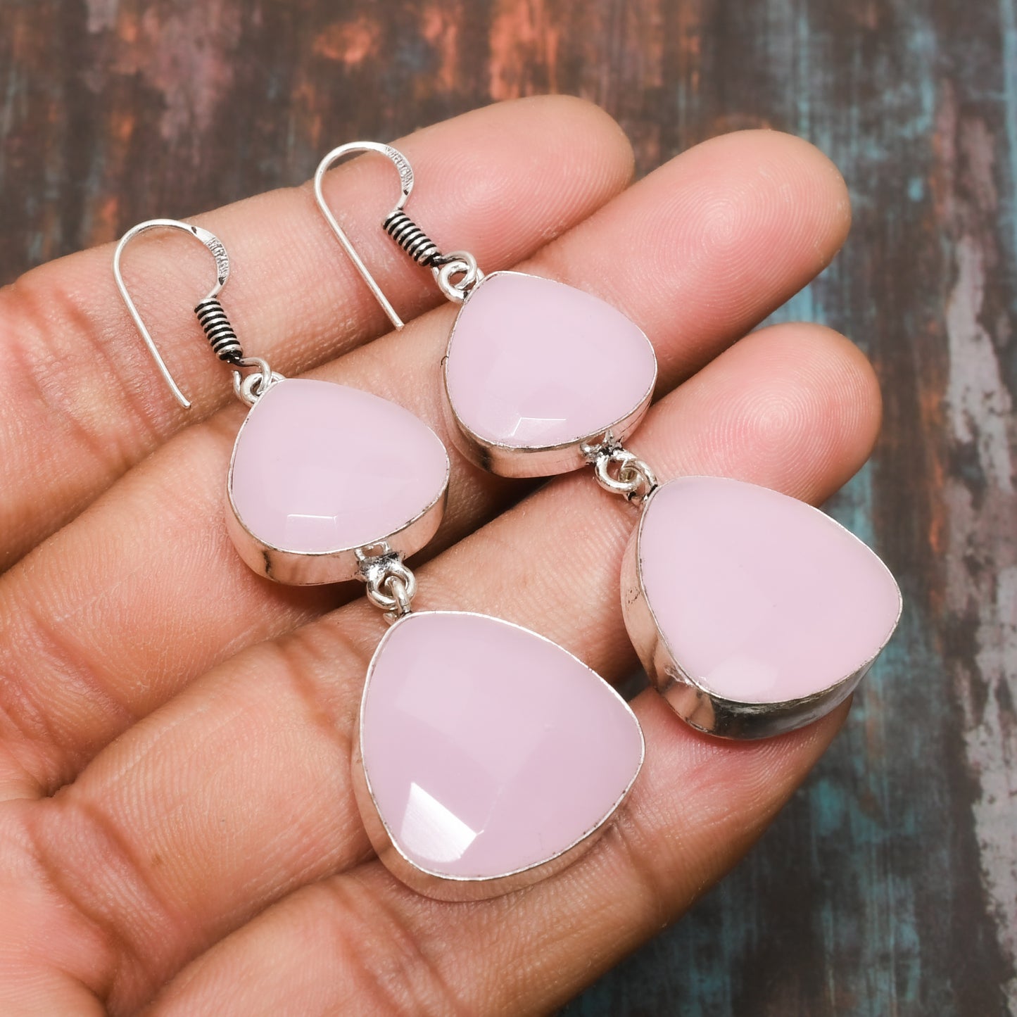 Seraphina’s Embrace – Rose Quartz Trio Silver Earrings