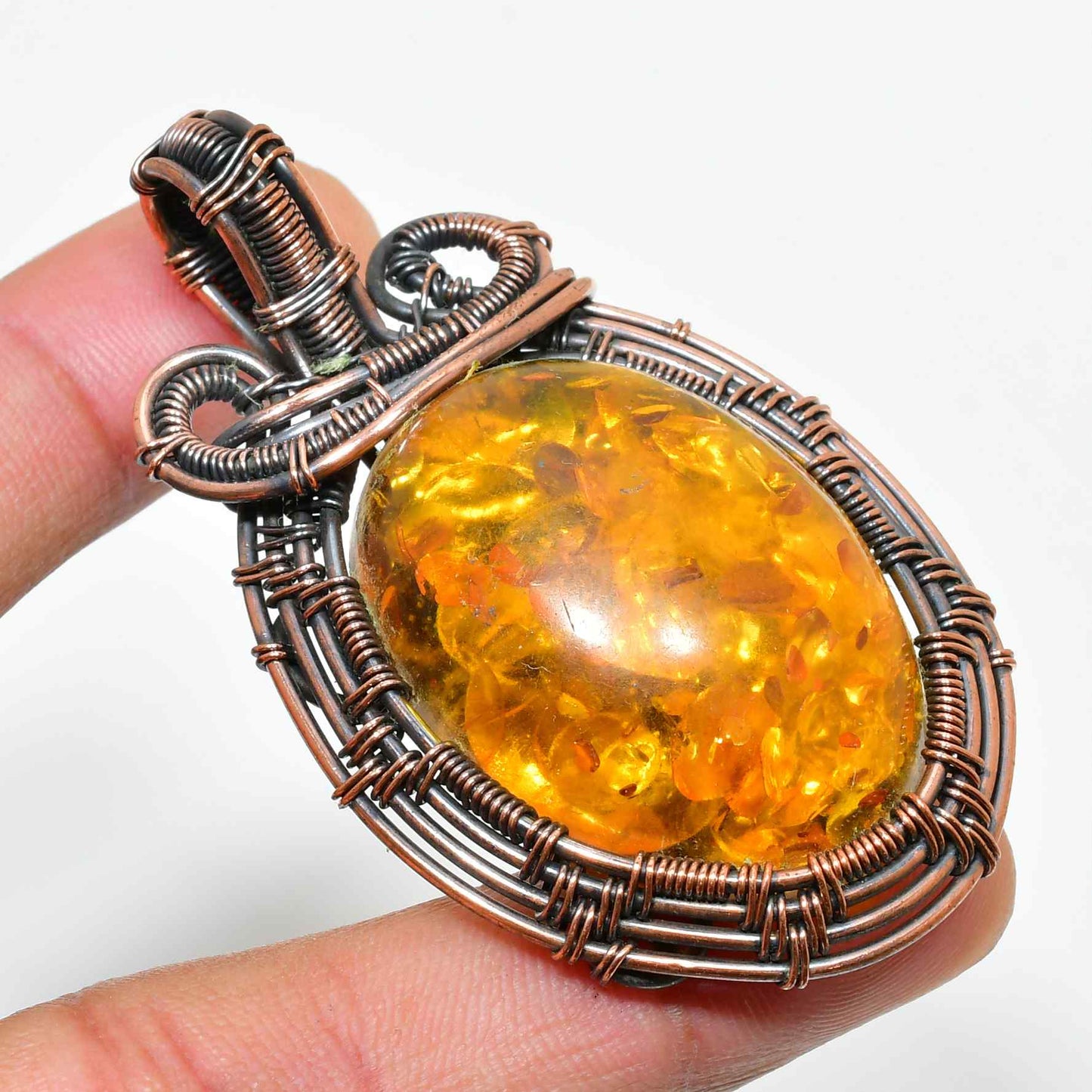 Amber Essence – Antique Copper Wire Amber Pendant