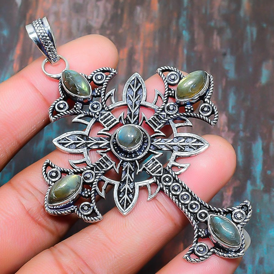 Luna’s Halo – Labradorite Crescent Cross Pendant