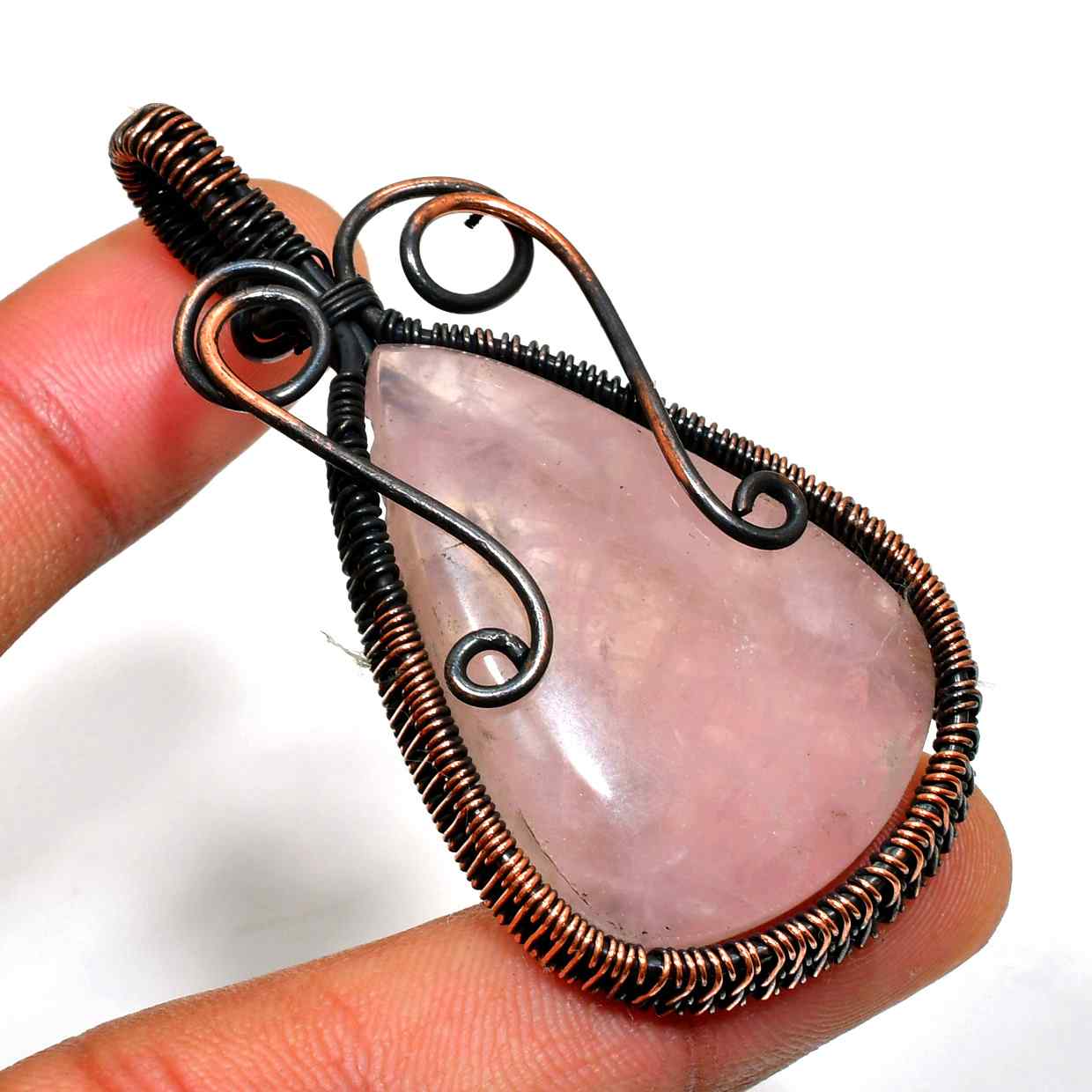 Harmony’s Heart – Rose Quartz Black & Copper Wire Pendant