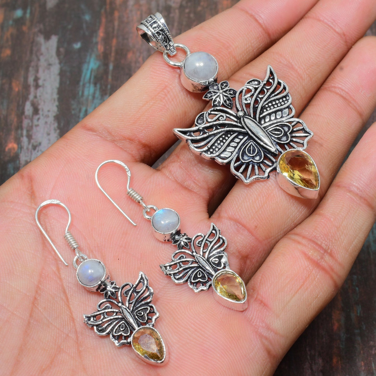 Celestial Flutter – Silver Moonstone & Citrine Butterfly Set