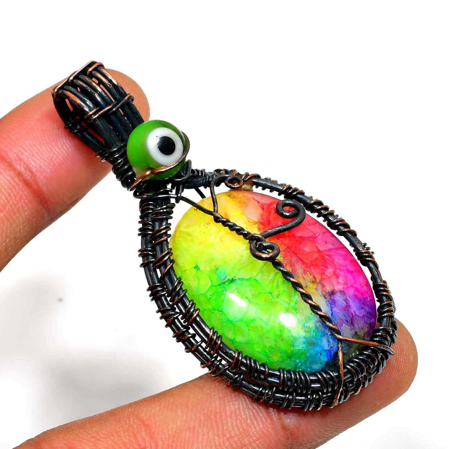 Prismatic Eclipse – Rainbow Agate Copper Pendant