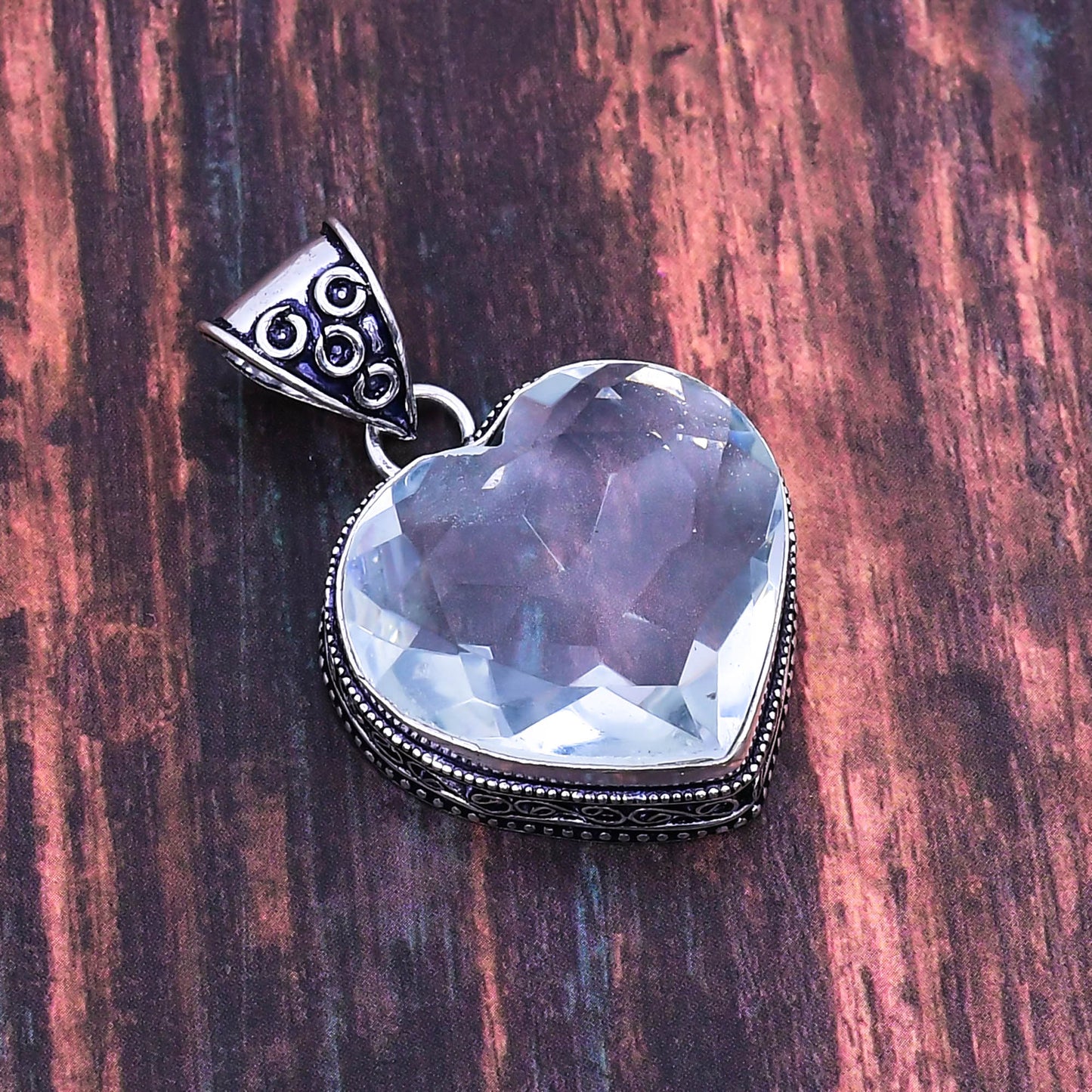 Serenity Heart – Rock Crystal & Antiqued Silver Pendant