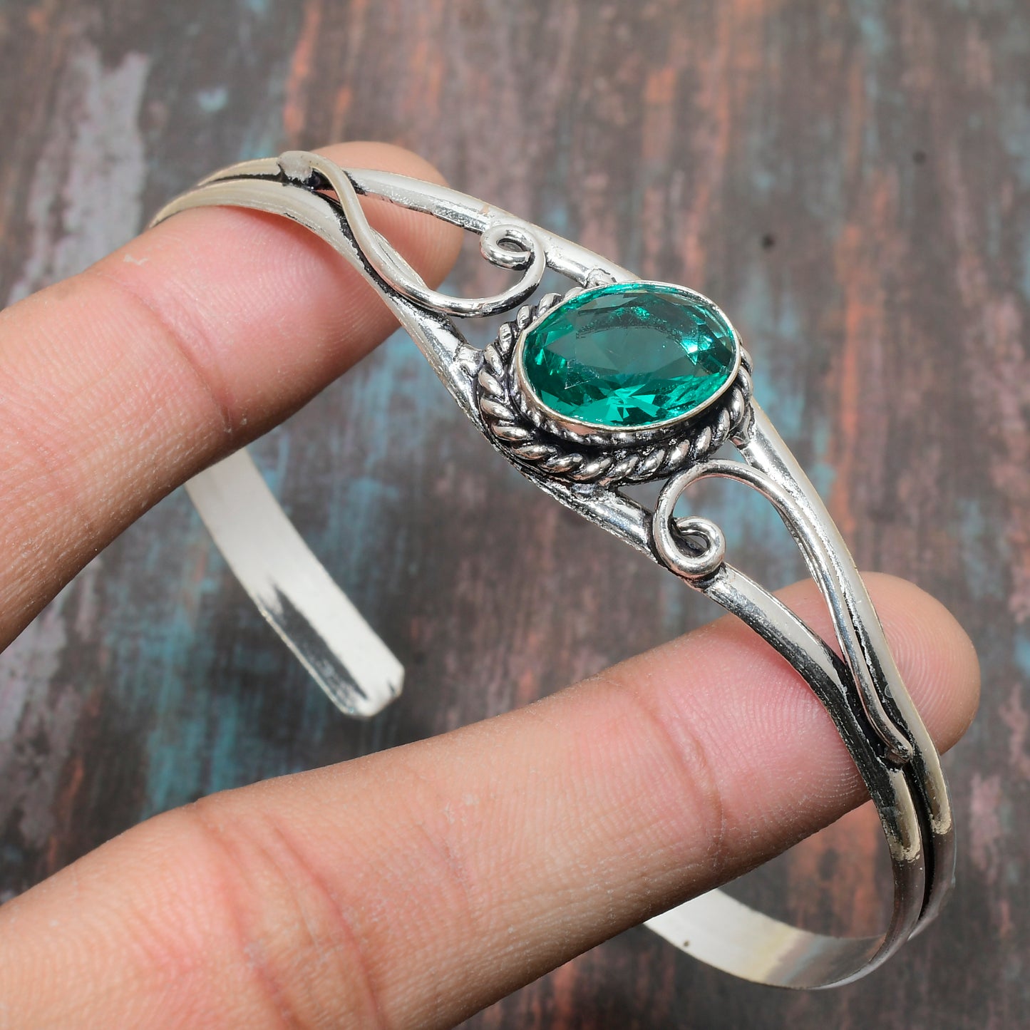 Azure’s Embrace – Teal Gemstone Silver Cuff