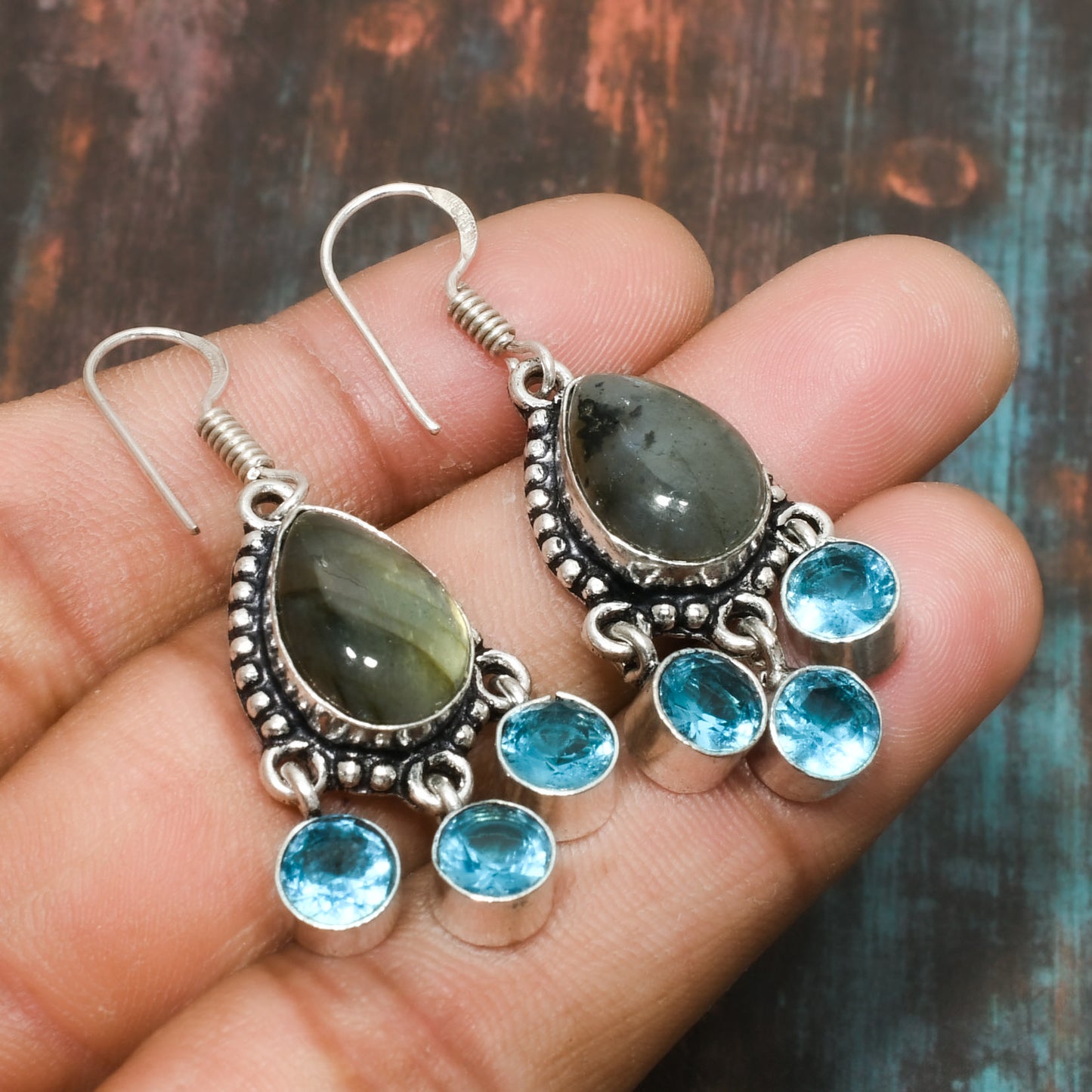 Aurora’s Embrace – Labradorite & Blue Topaz Earrings