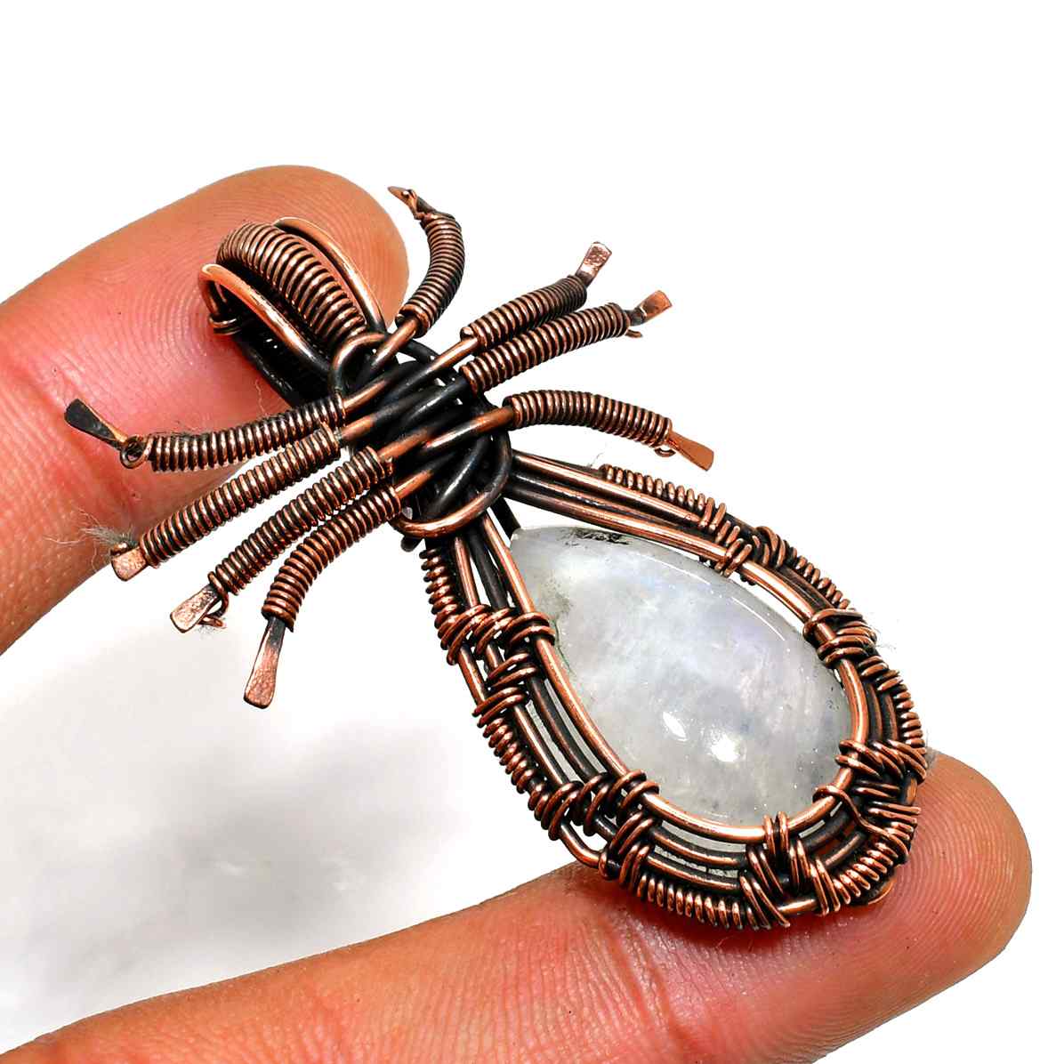 Luna’s Web – Copper Spider Moonstone Pendant