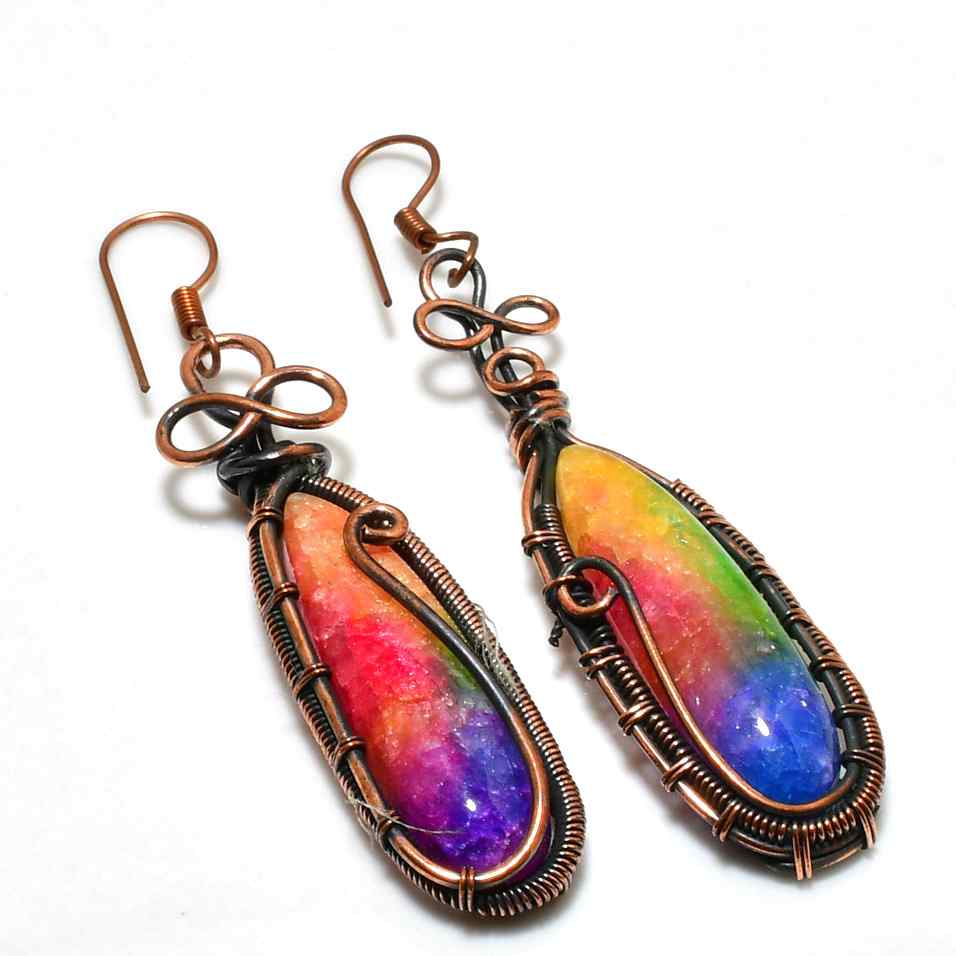 Vibrant Harmony – Rainbow Aura Quartz & Copper Earrings