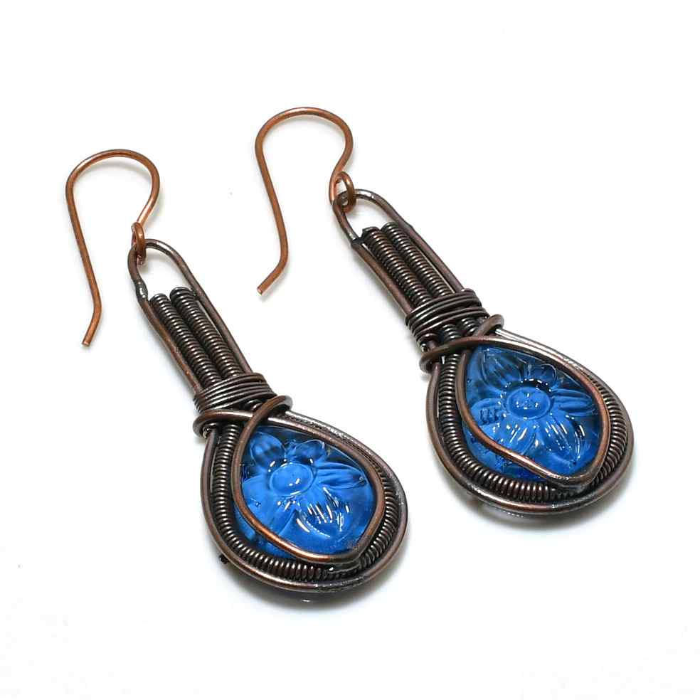Indigo Bloom – Handcrafted Copper-Wrapped Blue Glass Earrings