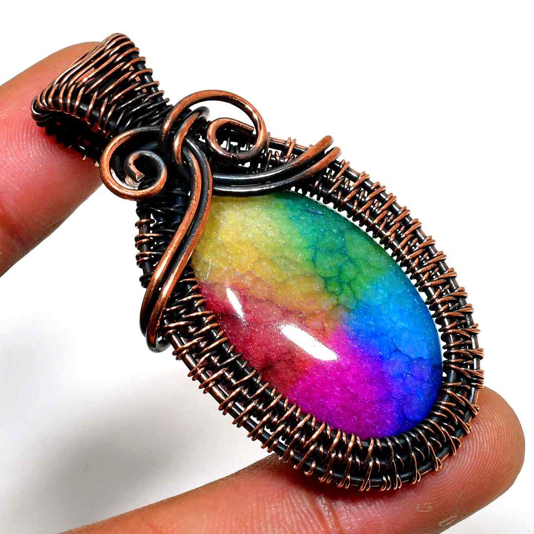 Aurora’s Embrace – Rainbow Agate Copper Pendant