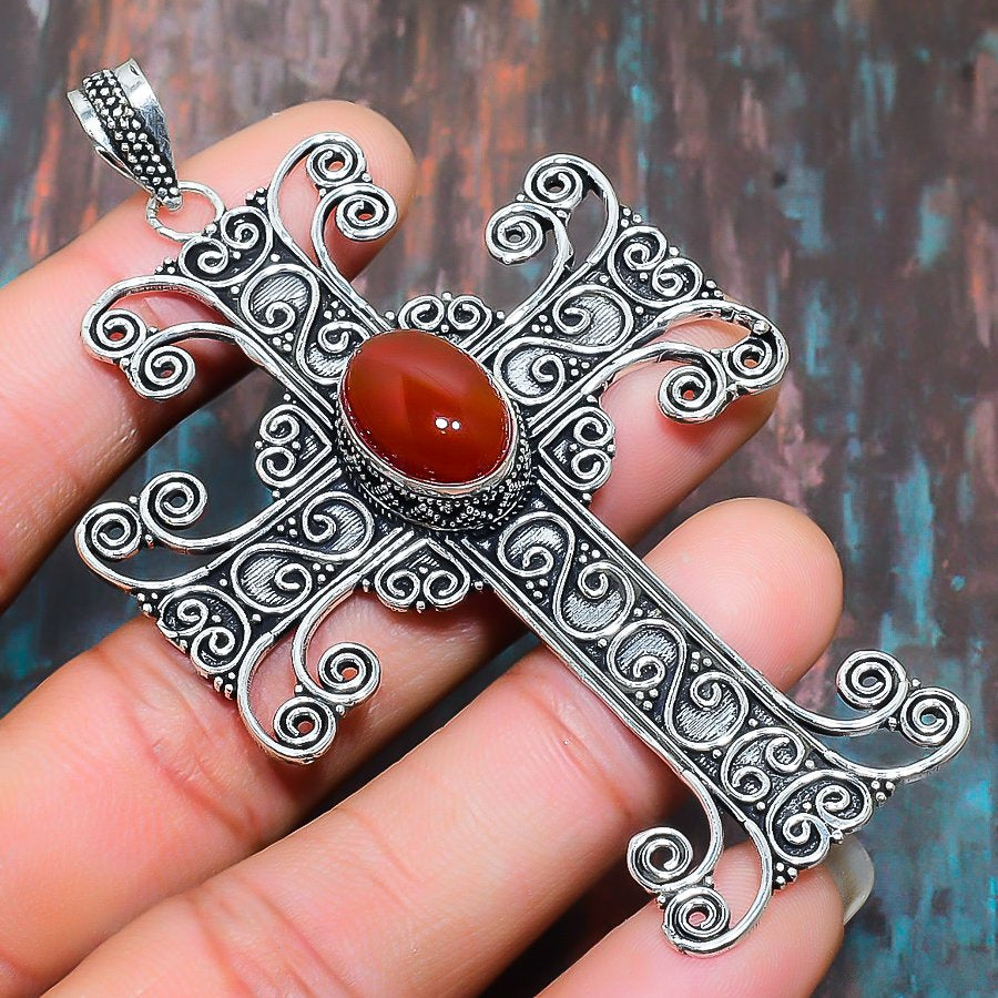 Ember’s Aegis – Carnelian Silver Cross Pendant