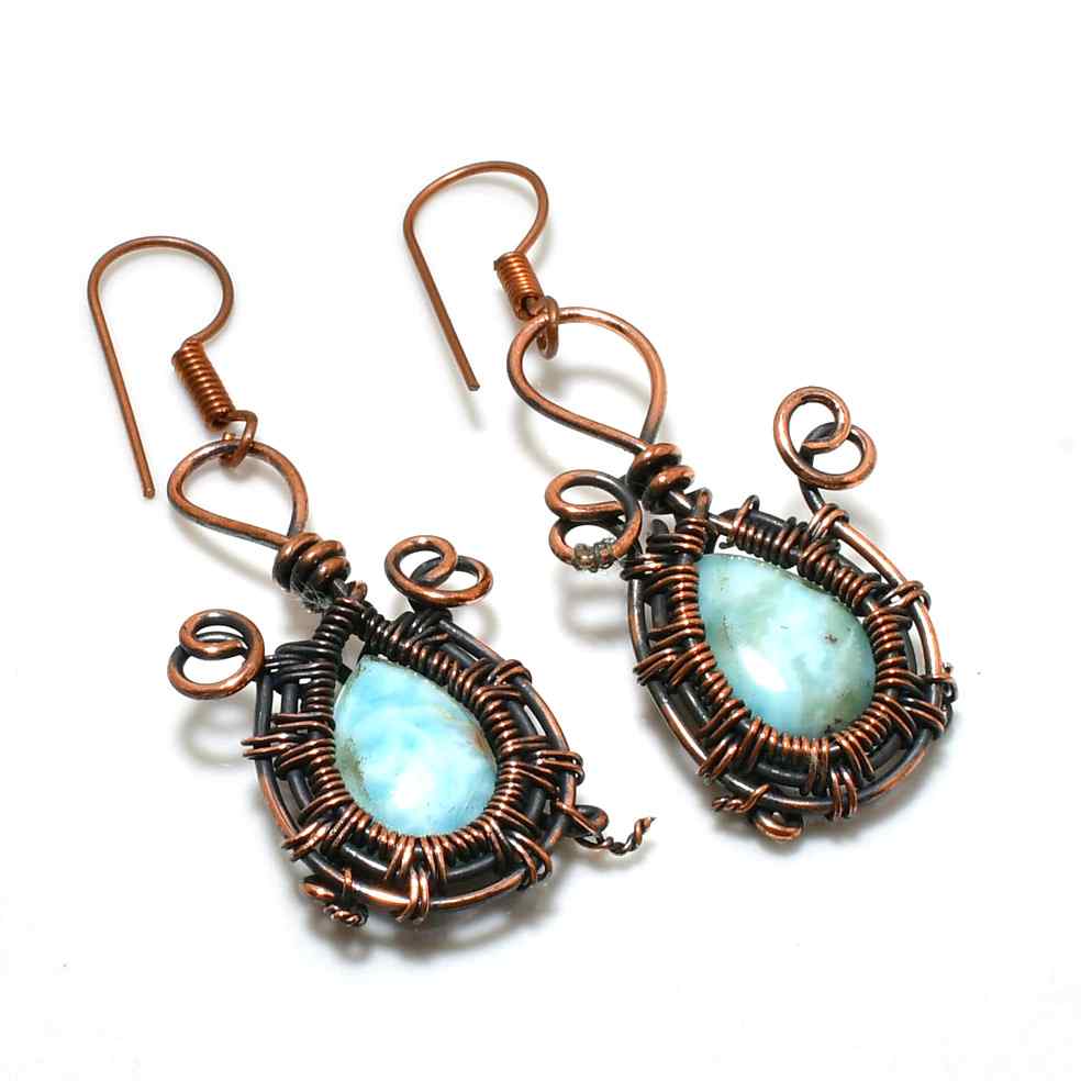 Whispers of the Sea – Copper-Wrapped Larimar Earrings