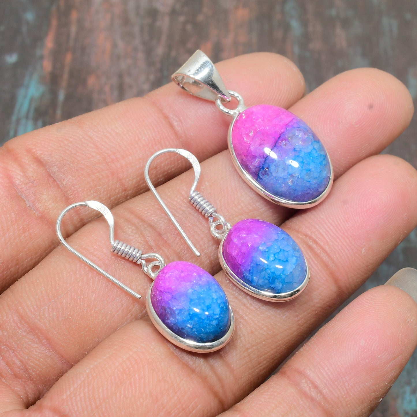 Tranquil Harmony – Pink Blue Opal Earrings & Pendant