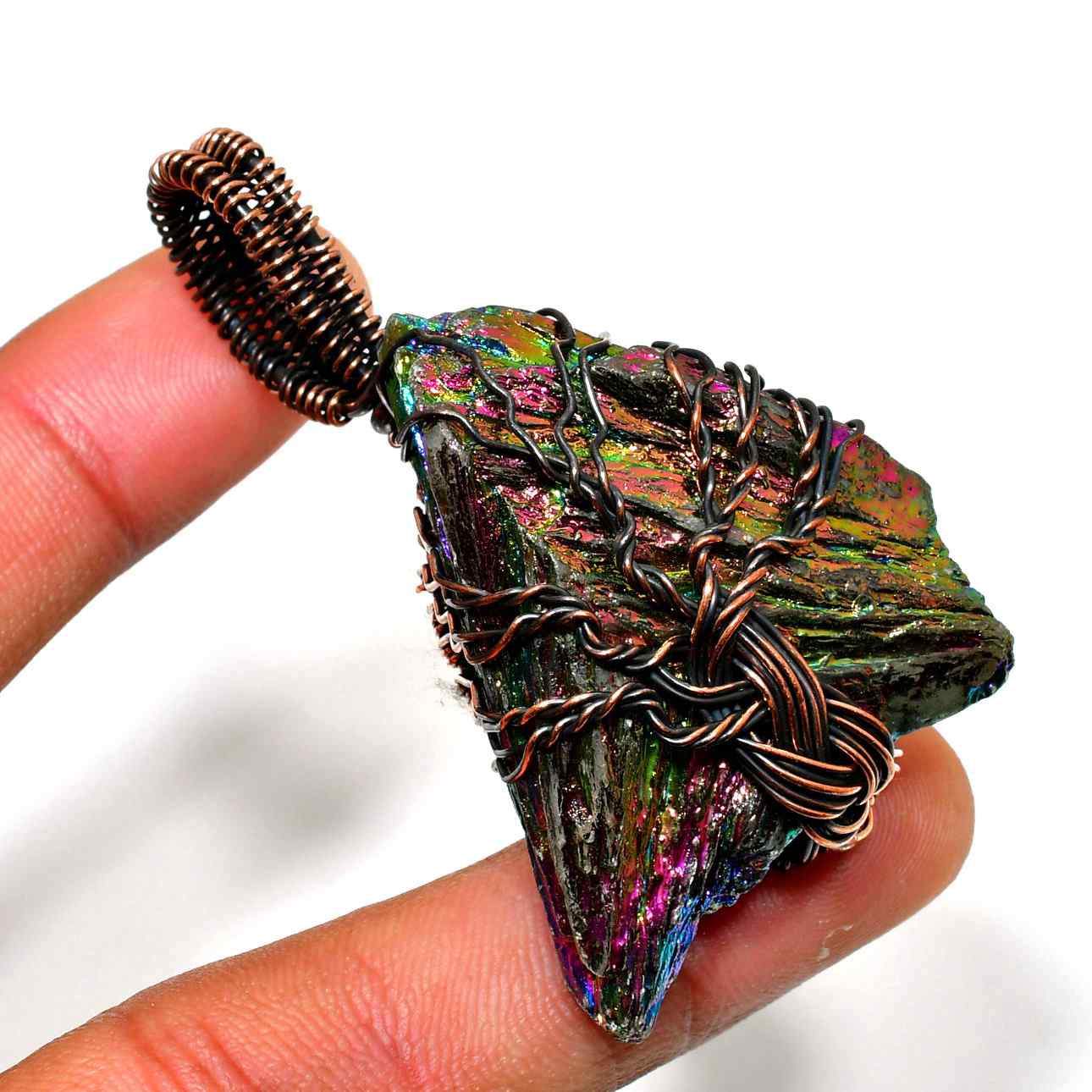 Aurora’s Prism – Rainbow Titanium Quartz & Copper Pendant