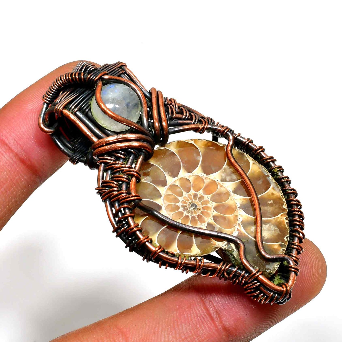 Fossil Embrace – Ammonite & Moonstone Copper Pendant