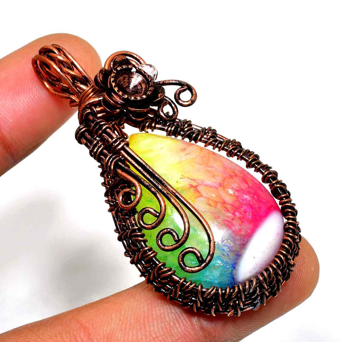 Radiant Harmony – Copper-Wrapped Rainbow Stone Pendant