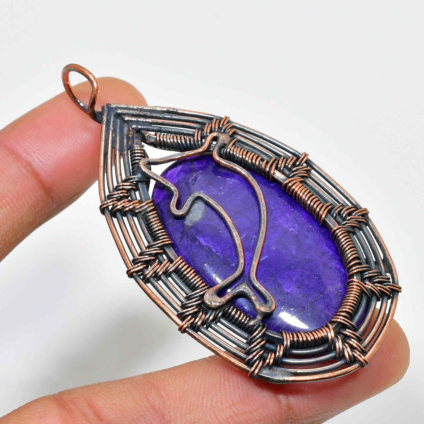 Ezra’s Veil – Oxidized Copper Wrapped Amethyst Pendant