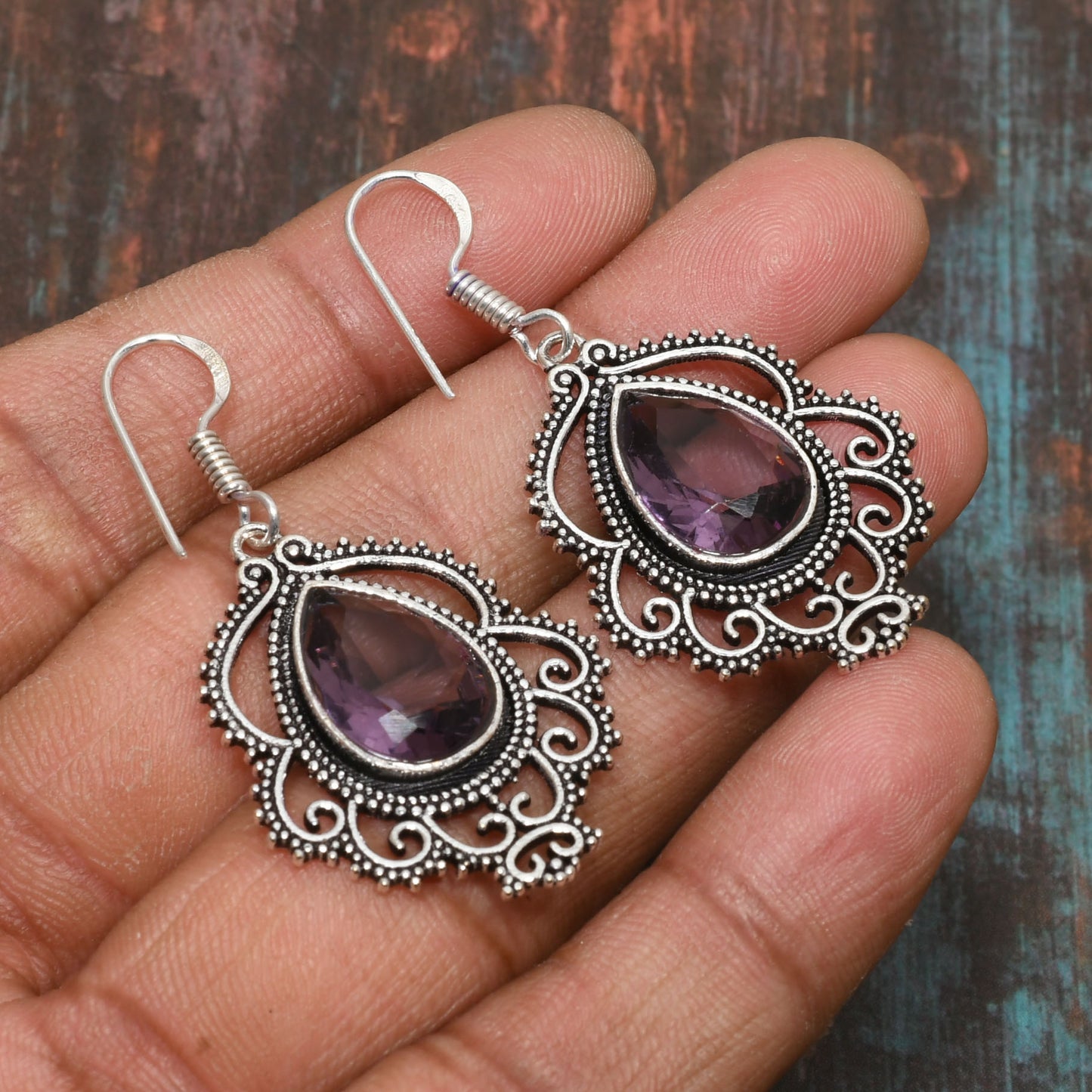 Celestial Veil – Amethyst Silver Filigree Earrings