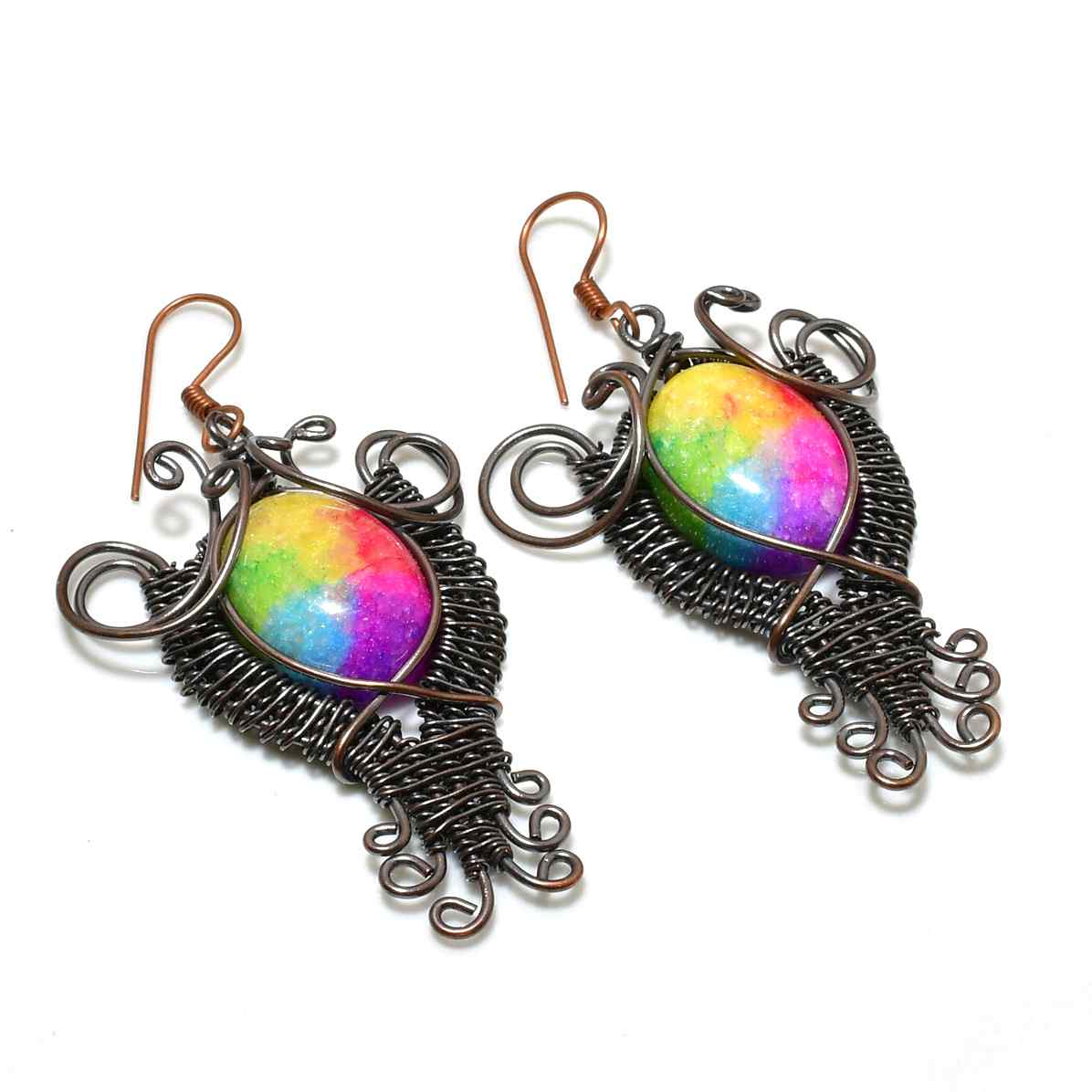 Aurora Bliss – Copper-Wrapped Rainbow Aura Quartz Earrings