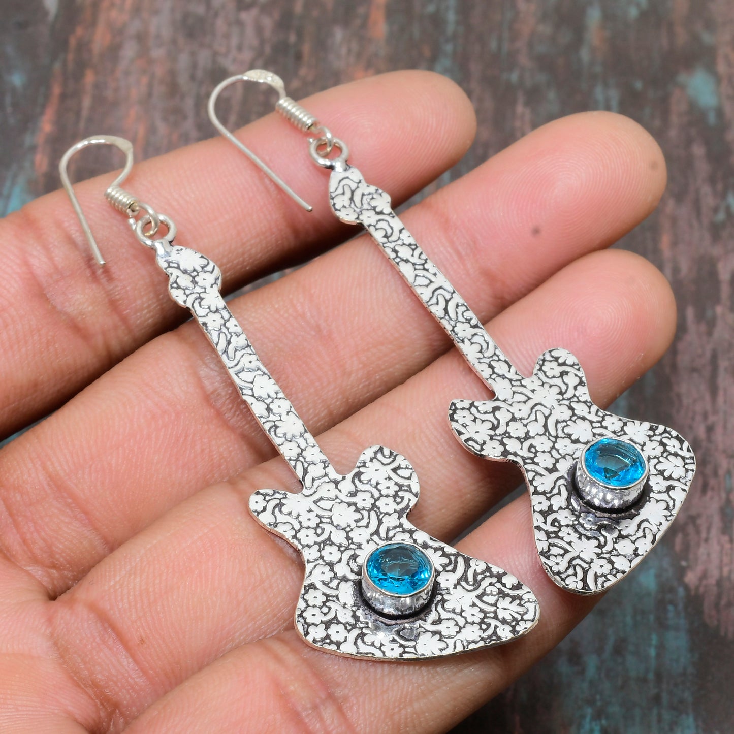 Rockstar Rhapsody – Silver & Blue Topaz Guitar Earrings