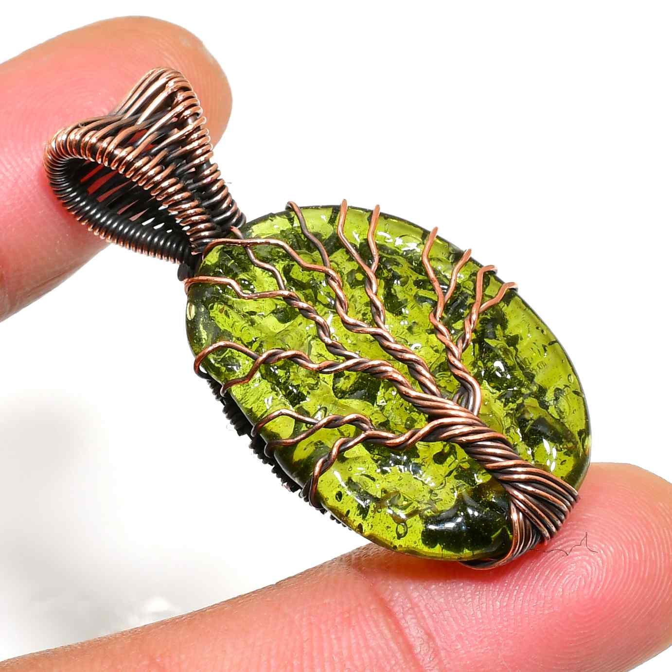 Gaia’s Embrace – Green Amber Copper Tree Pendant