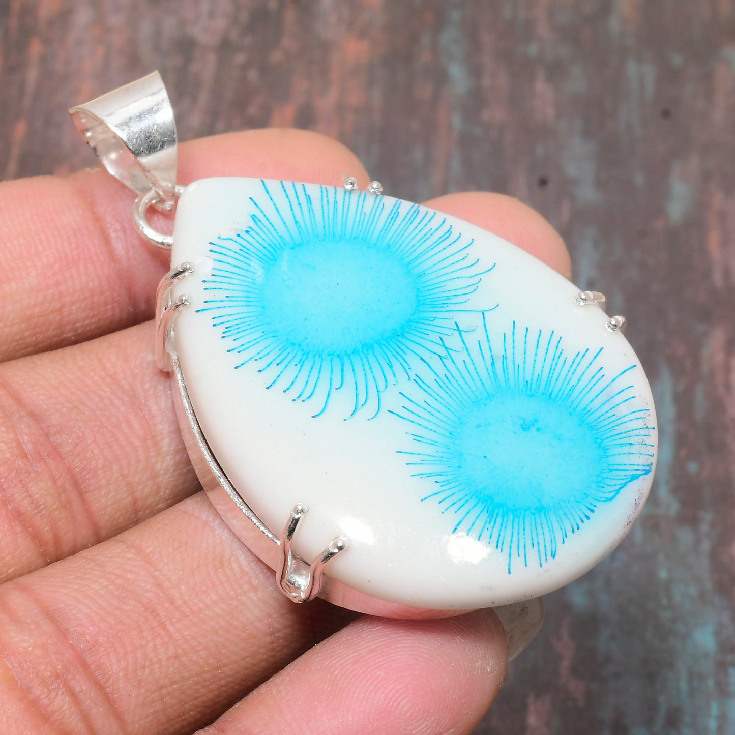 Ocean’s Bloom – Blue & White Porcelain & Sterling Silver Pendant