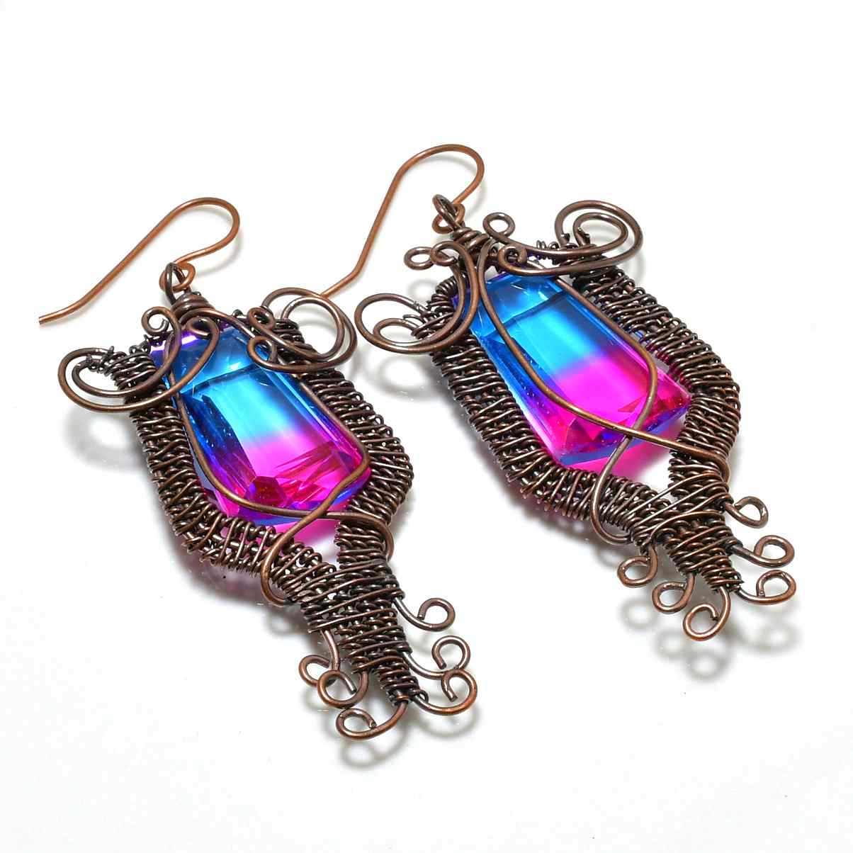 Kaleidoscope Whirl – Blue & Pink Crystal Copper Earrings