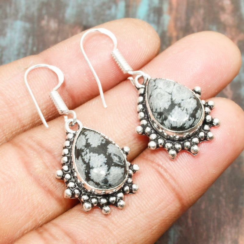 Dusk’s Embrace – Snowflake Obsidian Sterling Silver Earrings