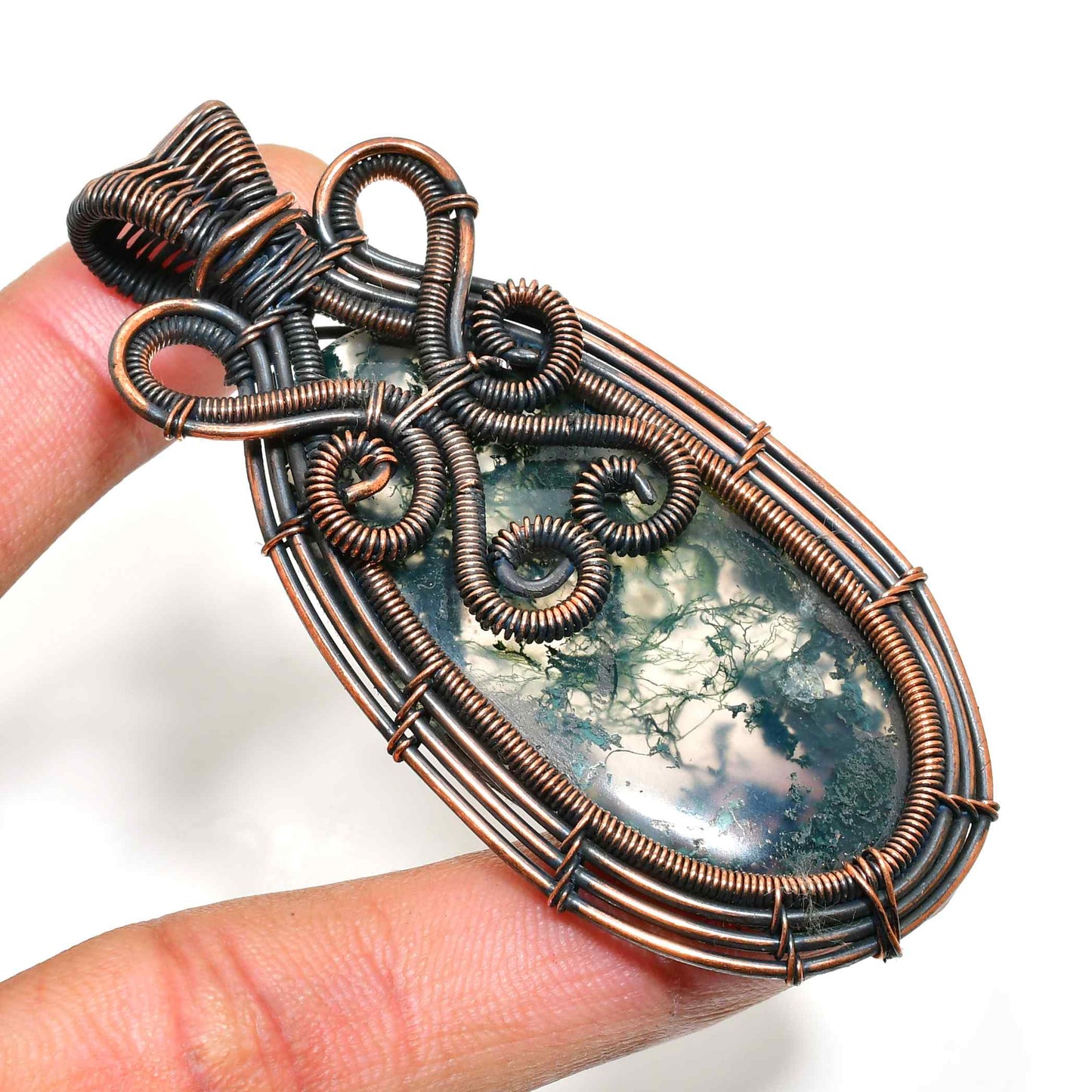 Woodland Grace – Moss Agate Copper Pendant