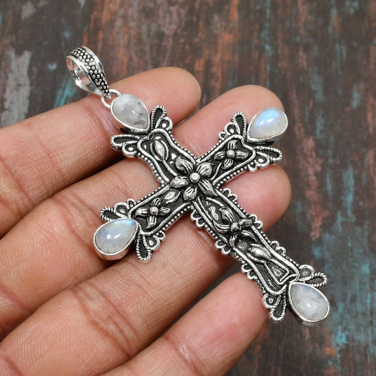Celestial Cross – Luminous Moonstone Sterling Silver Pendant