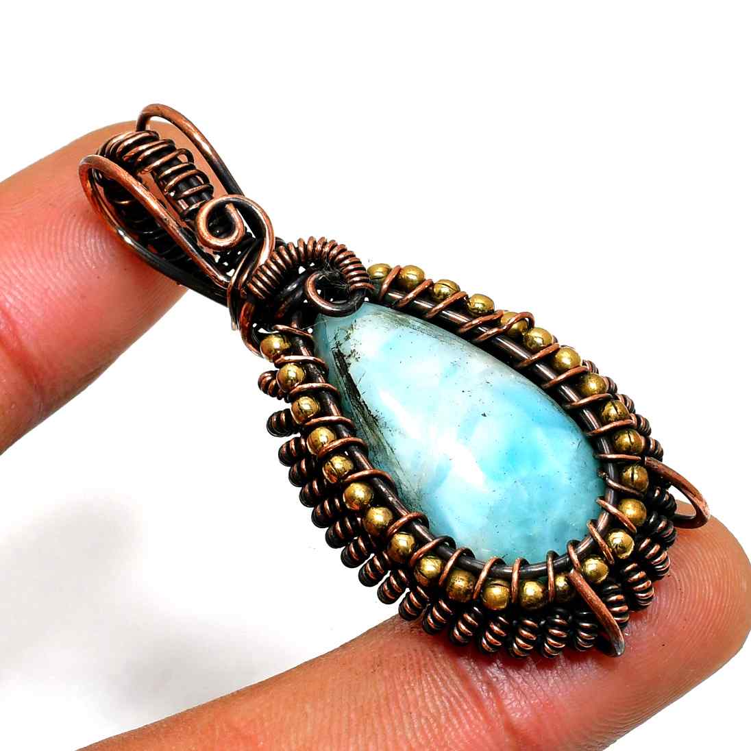 Celestial Whisper – Handcrafted Larimar & Copper Wire Pendant