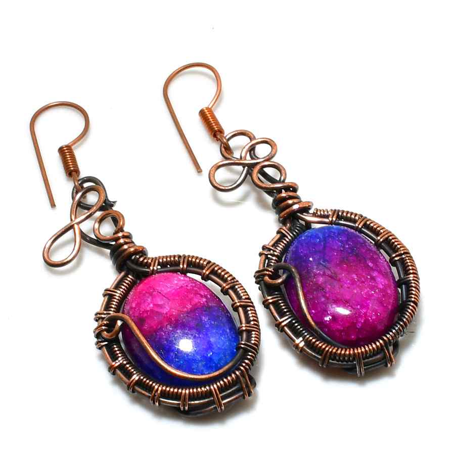 Aurora’s Touch – Pink & Blue Copper Wire Earrings