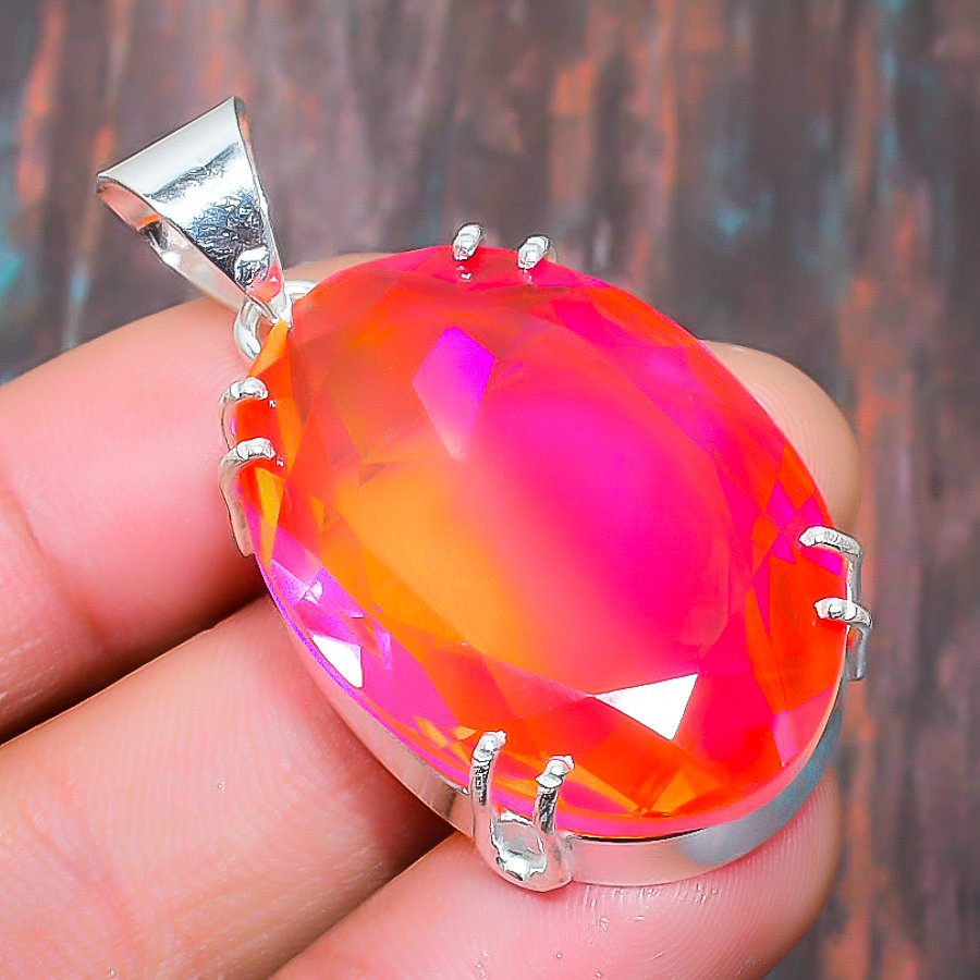 Ember Glow – Orange & Pink Quartz Silver Pendant
