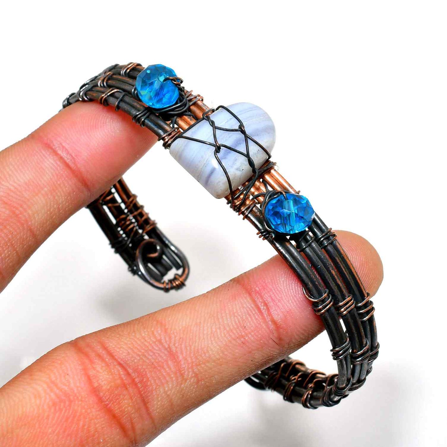 Serenity’s Embrace – Blue Lace Agate Copper Bracelet