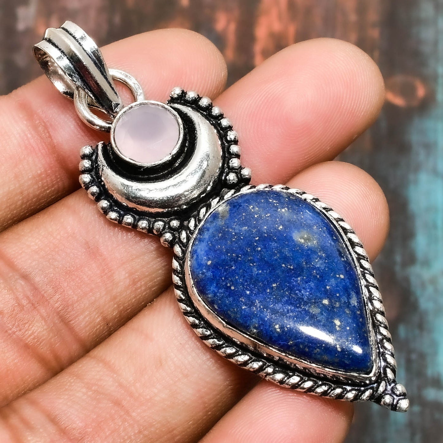 Stellar Serenity – Lapis Lazuli & Rose Quartz Silver Pendant