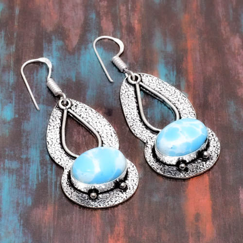 Ocean’s Whisper – Handcrafted Larimar Silver Earrings