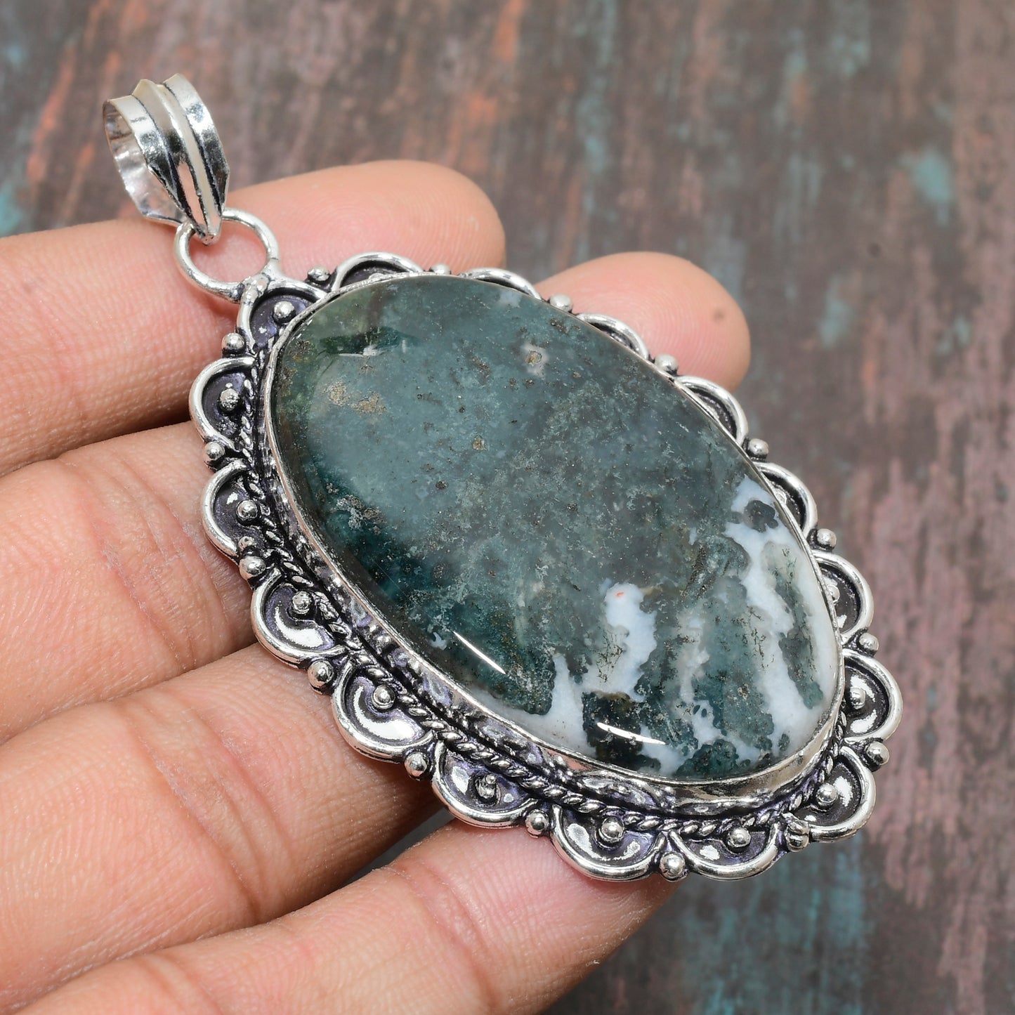 Wetland Essence – Moss Agate & Silver Pendant
