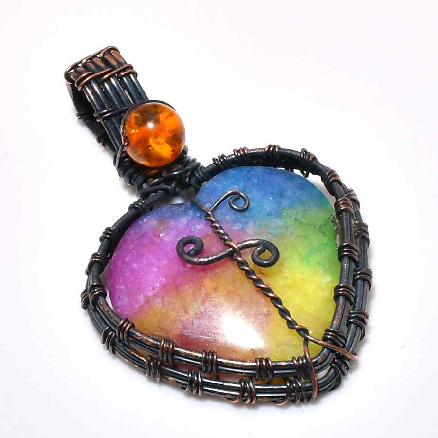 Glowstone Heart – Rainbow Quartz Wrapped in Black Wire Pendant