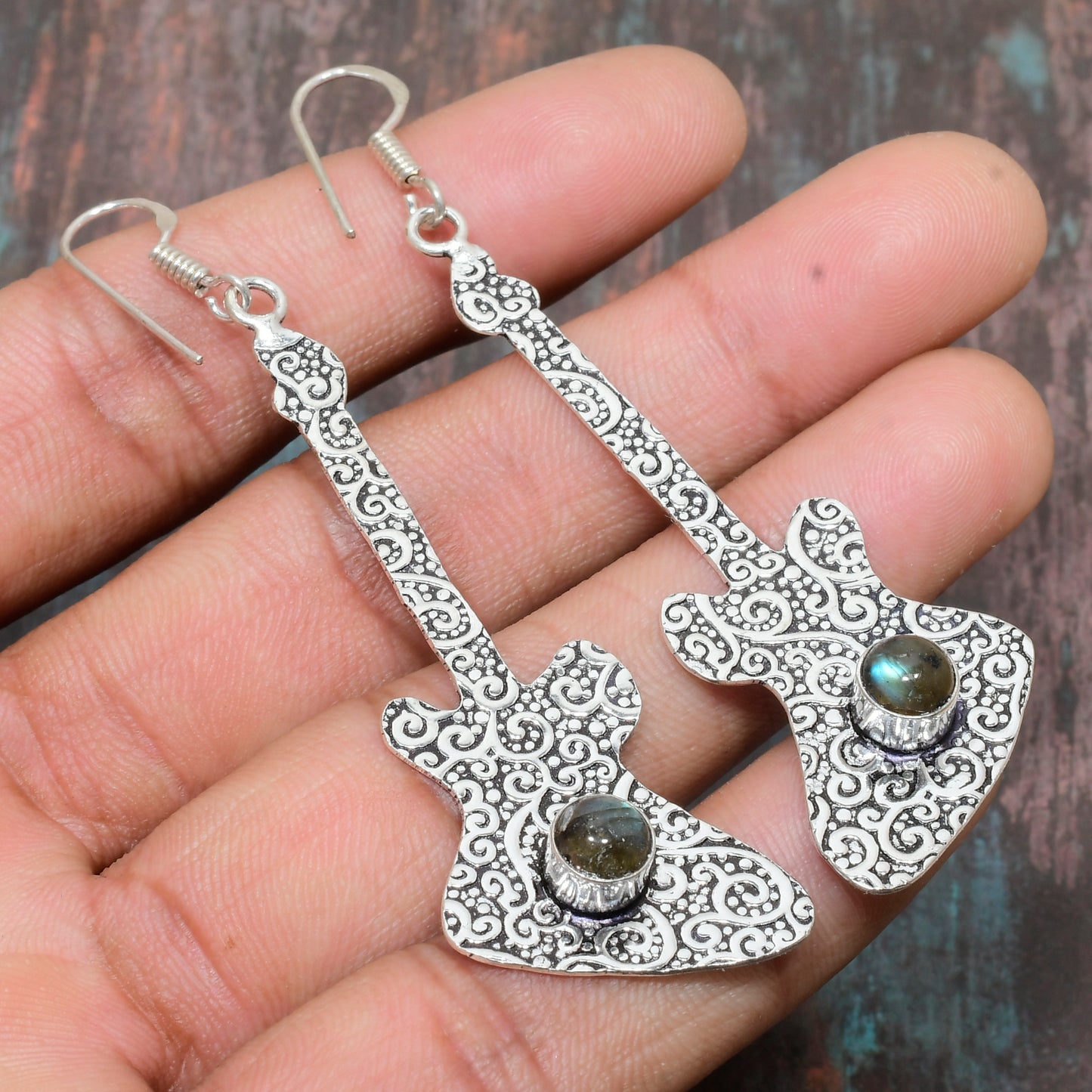 Labradorite Rhapsody – Silver Guitar Earrings