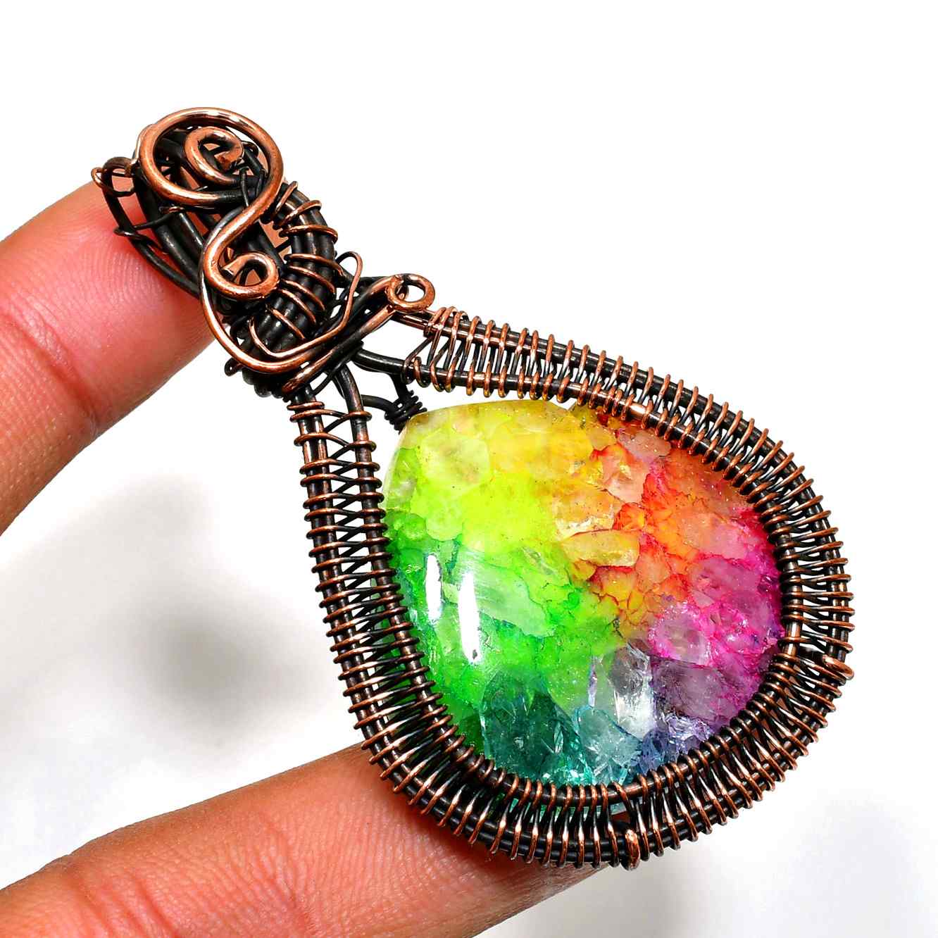 Aurora’s Prism – Rainbow Quartz Copper Pendant