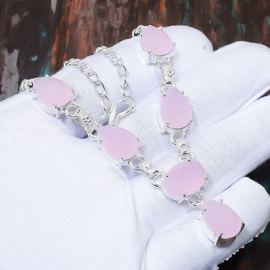 Serenity Glow – Pink Chalcedony Sterling Silver Bracelet