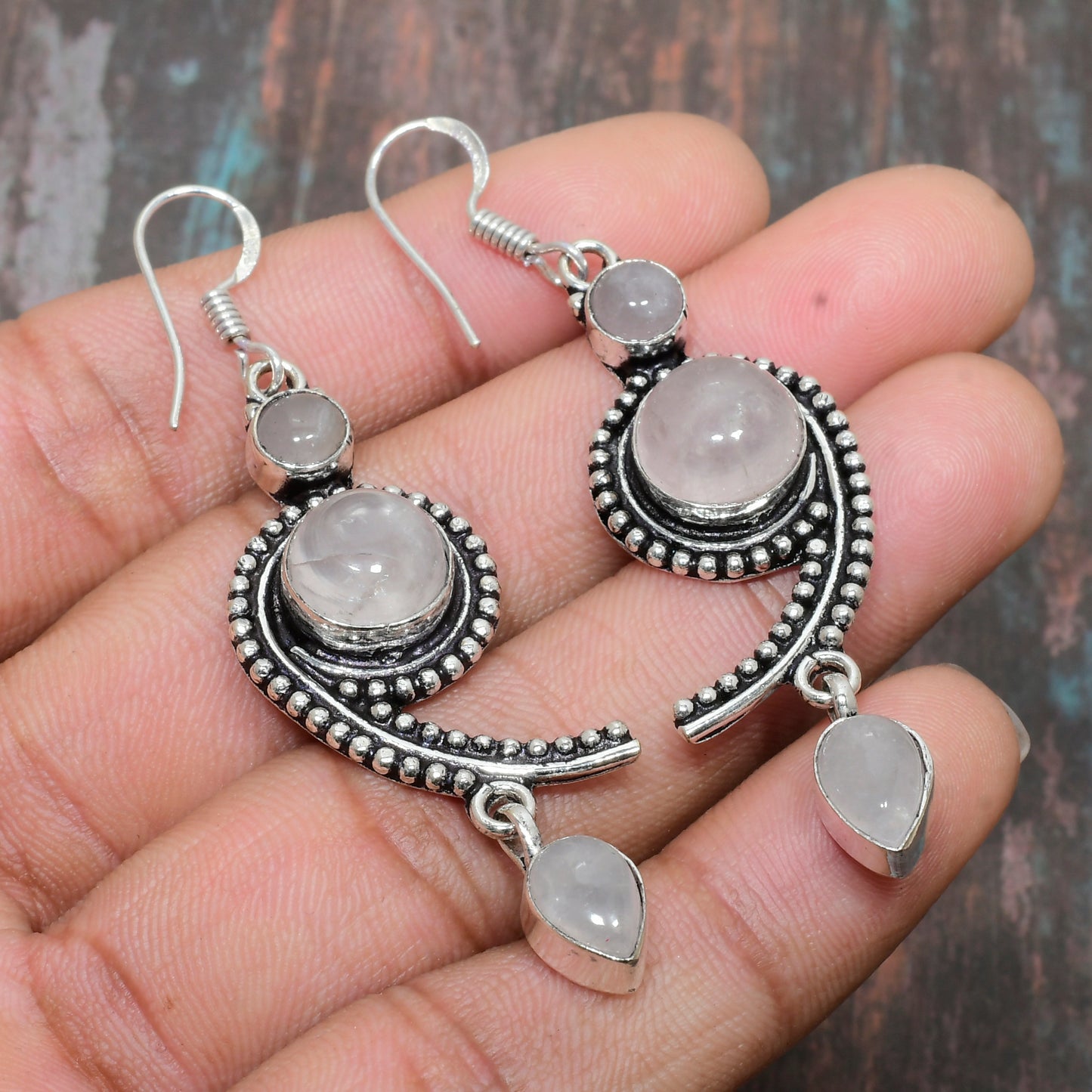 Moonlit Whispers – Rose Quartz & Sterling Silver Earrings