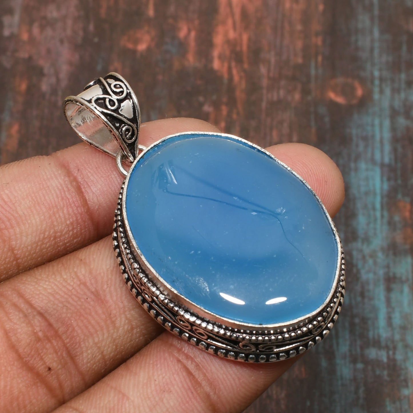 Ocean’s Whisper – Sterling Silver Blue Chalcedony Pendant