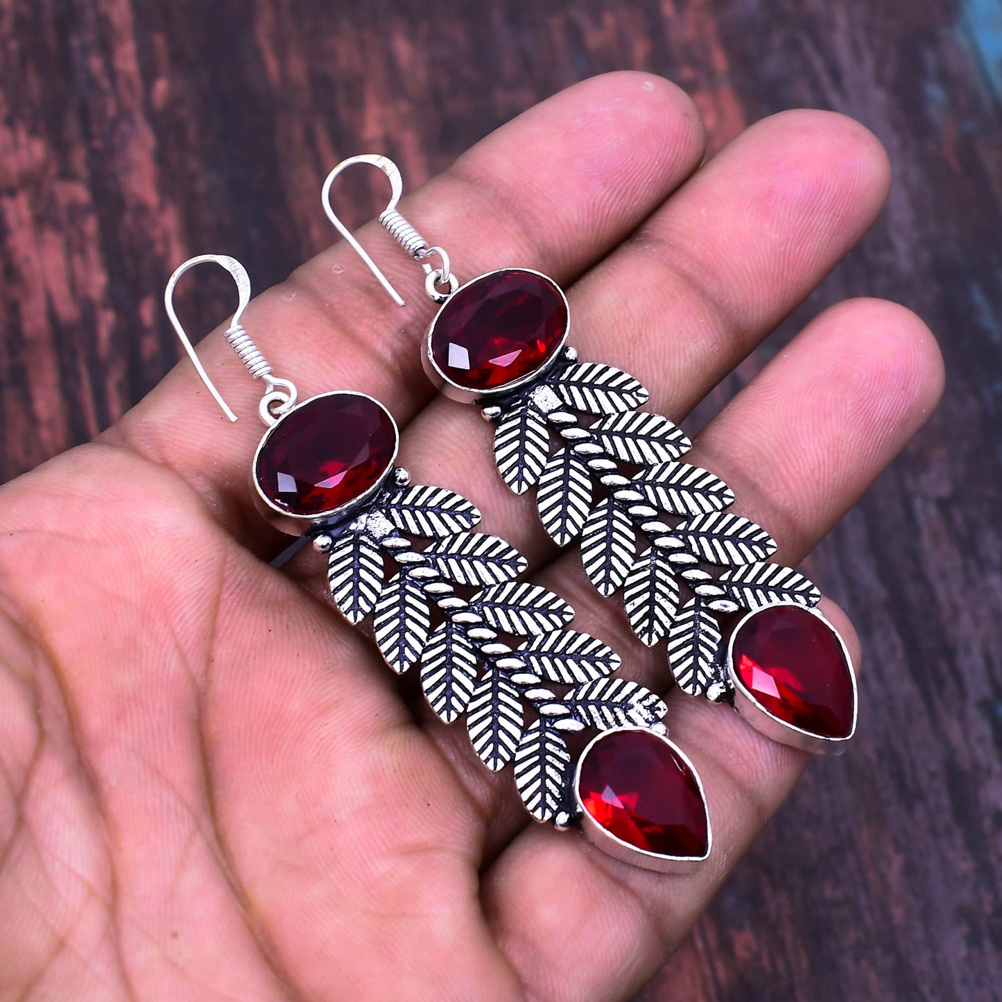 Scarlet Leaf – Ruby & Silver Earrings